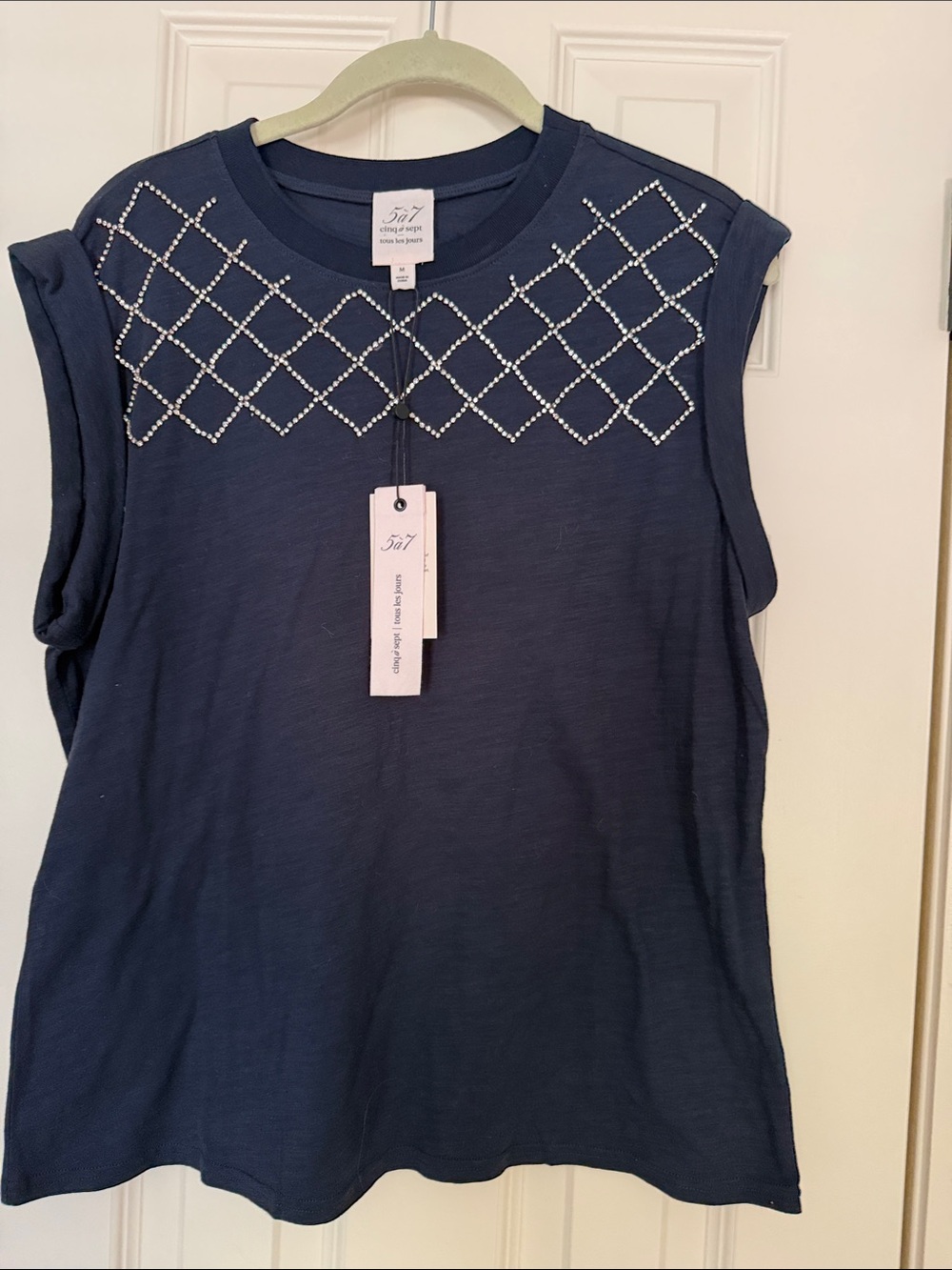 cinq a sept Navy Sleeveless Top with rhinestones